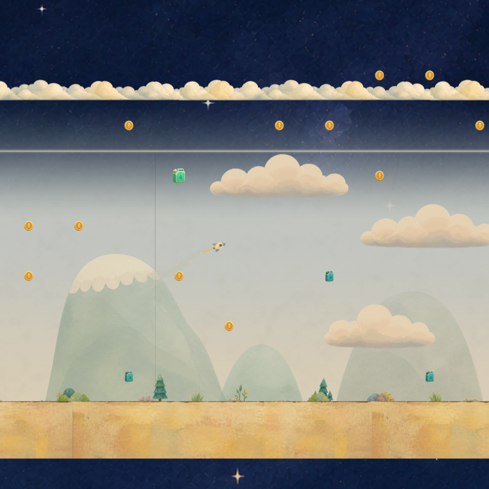 Firmament gameplay view with coins, fuel, clouds, mountains, and the firmament line